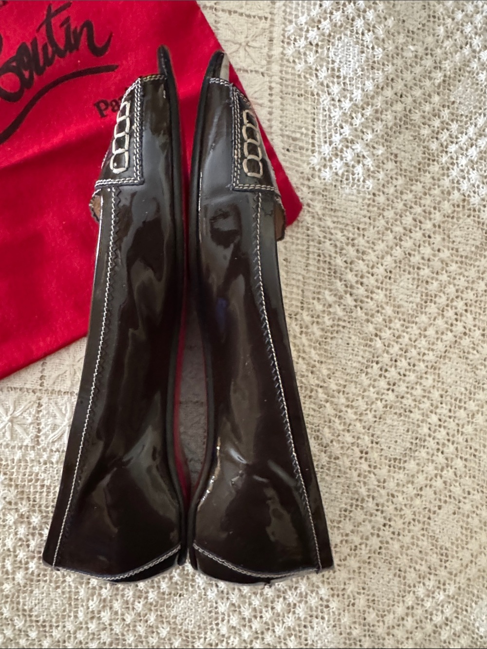 Christian Louboutin Black Patent Leather Open Toe Loafers with Thread Detail - Picture 3 of 4